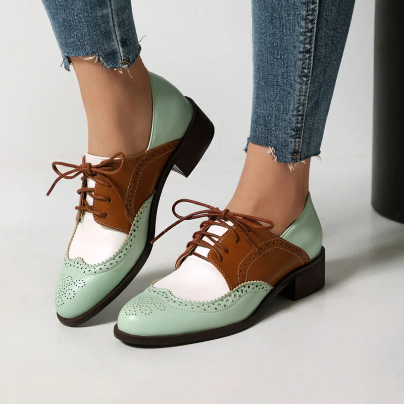 

Phoentin British women's shoes 2024 autumn retro brogues mixed colors lace up low heels round toe large size 48 FT3698