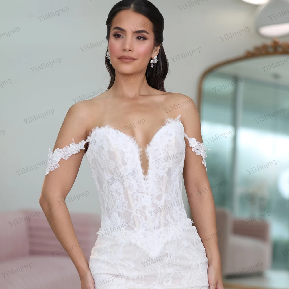 섹시한 여성 인어 웨딩드레스 맞춤형 오프숄더 V넥 레이스 아플리케 스윕 트레인 럭셔리 신부 드레스 맞춤 제작