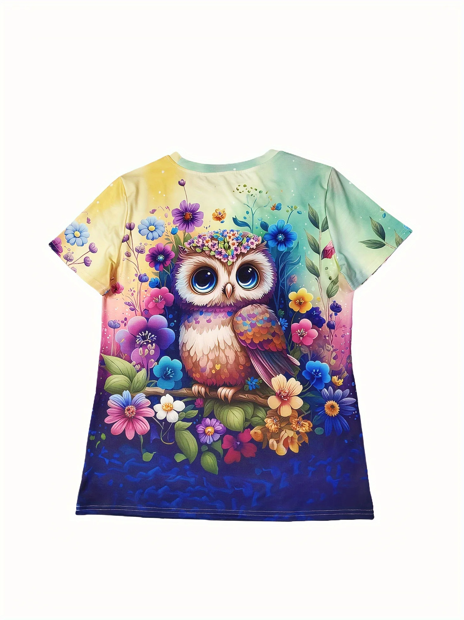Pastel Green Women's Tee - Floral Crown Owl & Colorful Flowers Graphic, Cute Whimsical Print Design for Casual Daily Wear