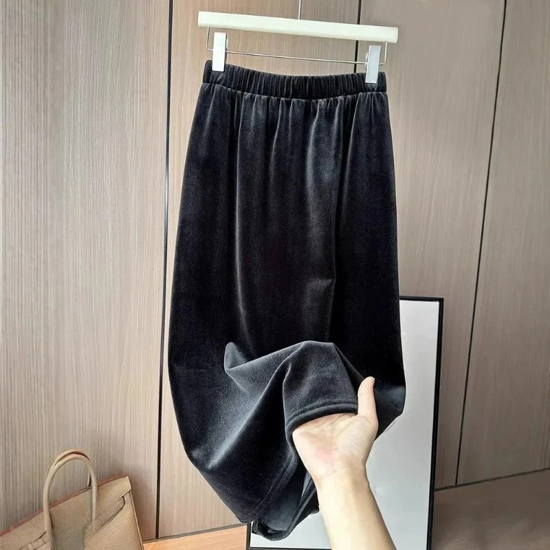 Faldas de terciopelo negro para Mujer, Falda larga lisa de cintura elástica para Otoño e Invierno, Faldas elegantes Retro de moda coreana para Mujer