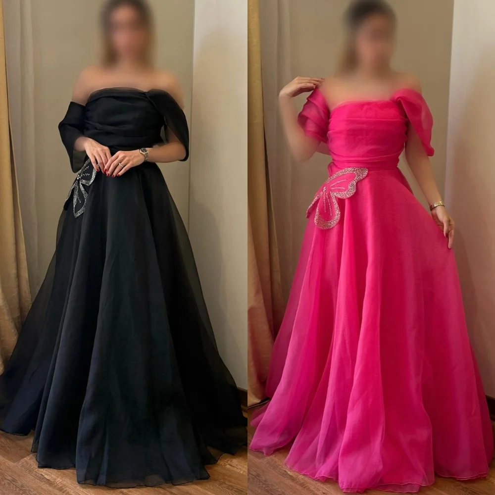 

Customized Modern Style Classic Tulle Sequined Pleat A-line Off-the-shoulder Long Dresses Bespoke Occasion Dresses High Quality