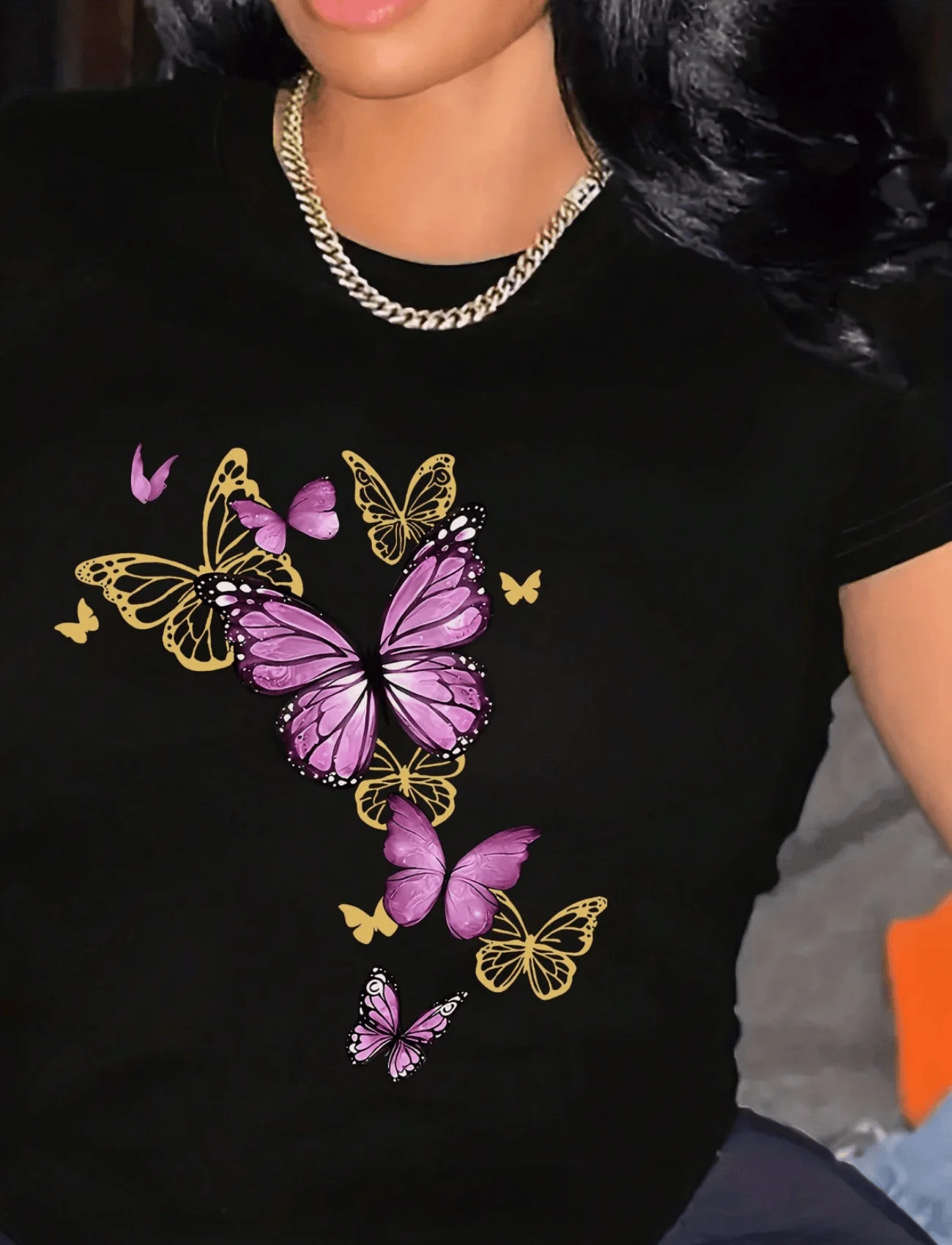

Women Butterfly Print Round Neck Short Sleeve Casual T-Shirt