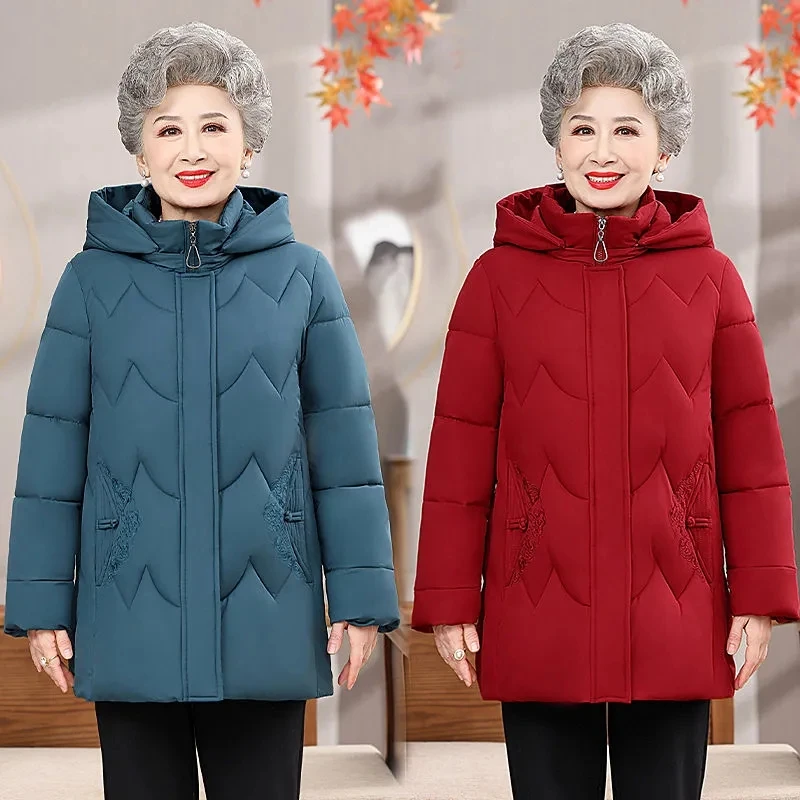 Giacca invernale in cotone della nonna Cappotto femminile Moda con cappuccio Spessa tuta sportiva calda in pile Fiori ricamati Parka da donna