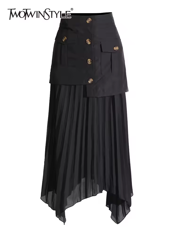 TWOTWINSTYLE Allentato Una Linea Patchwork Bottoni Gonne Per Le Donne A Vita Alta Orlo Irregolare Gonna A Pieghe Abbigliamento Moda Femminile Nuovo