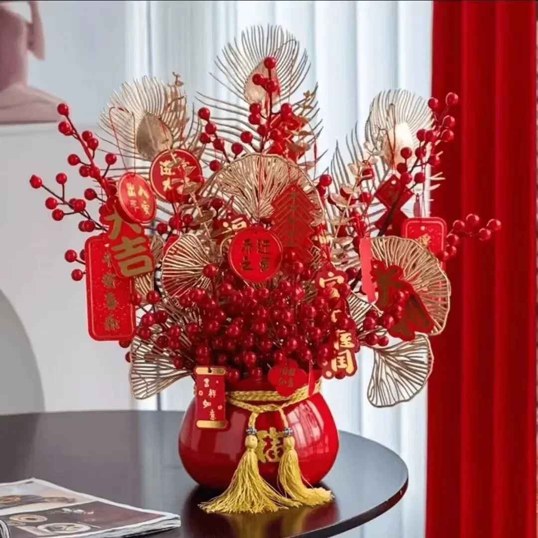 New Year Decoration Metal Vase Lucky Bucket Red Berry Wealth Fruit Flower Accessories Home Livingroom Cabinet Ornaments Crafts