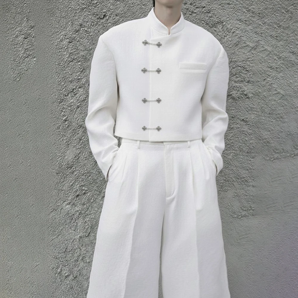 

Unique Men's White Chinese Style Cropped Suit 2-Piece Stand Collar Casual Outfit with Metal Buttons Chic Party Male Jacket Pants