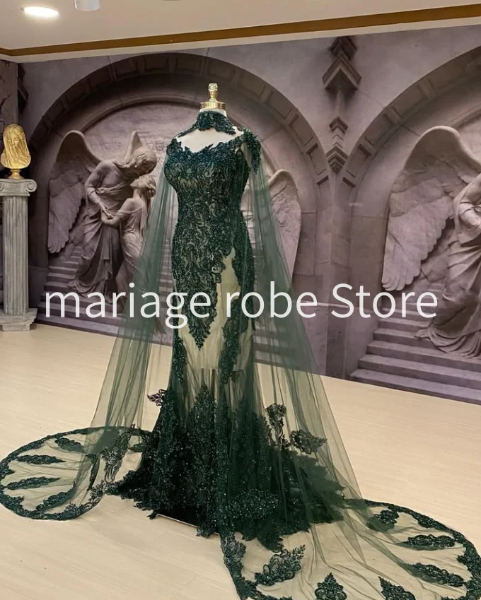 Emerald Green Luxury Nikkah Ceremony Wedding Dresses with Cape Veil Gillter Beaded Applique Summer Bridal Gown Outfit Customized