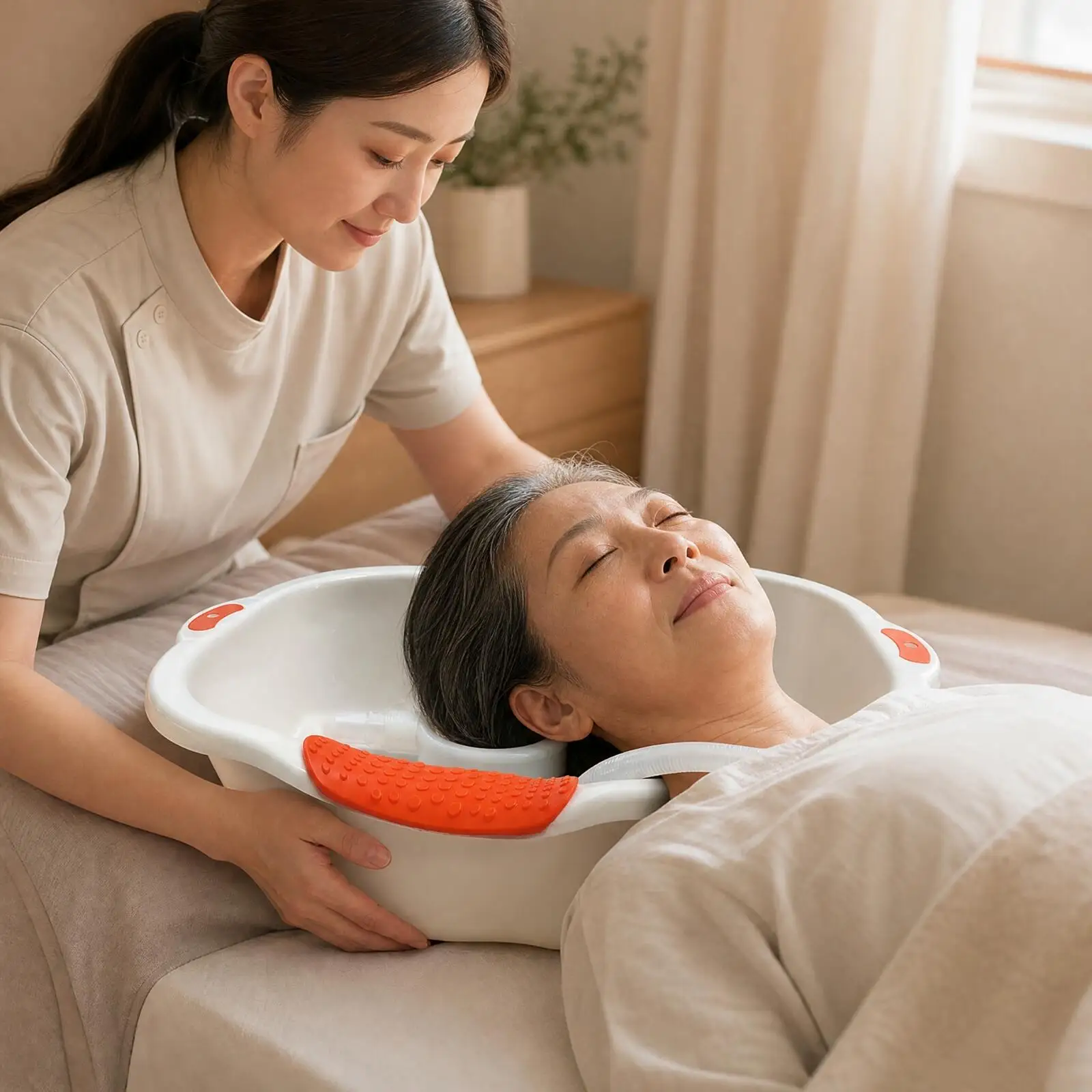 Raised Hair-Washing Basin Easy to Clean Bedside Shampoo Basin with Drain Hose Comfortable for Older Adults People, Recovery