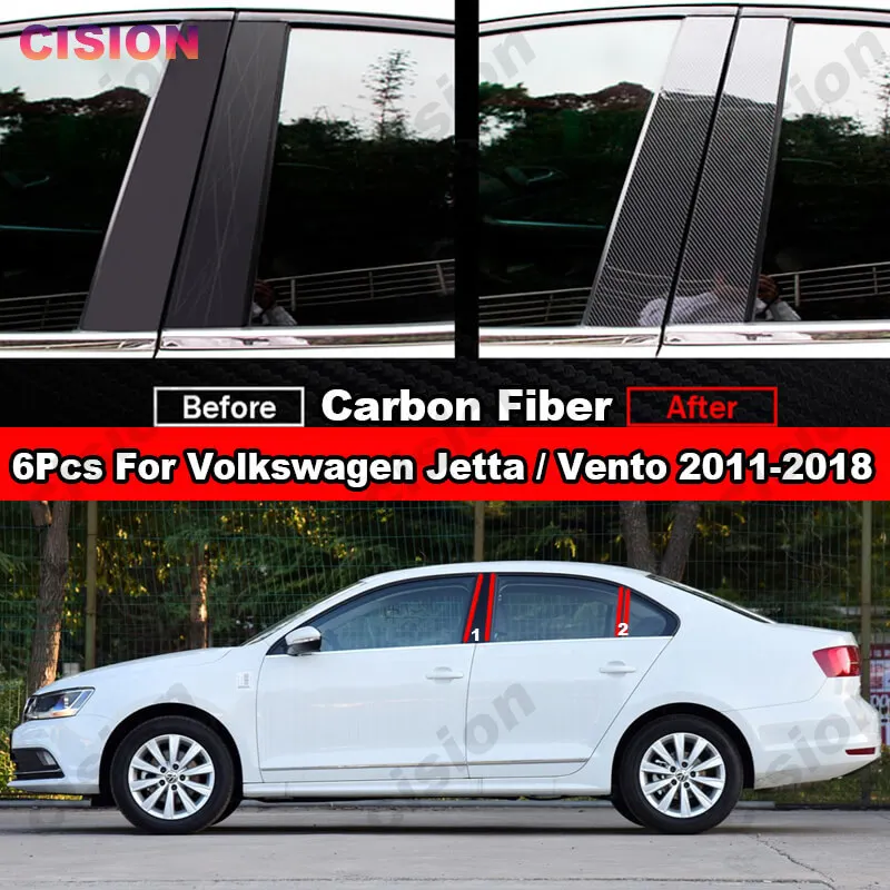 Window Door Column BC Pillar Post Cover Trim For Volkswagen VW Jetta Vento A6 2011-2018 Black Carbon Fiber Mirror Effect Sticker
