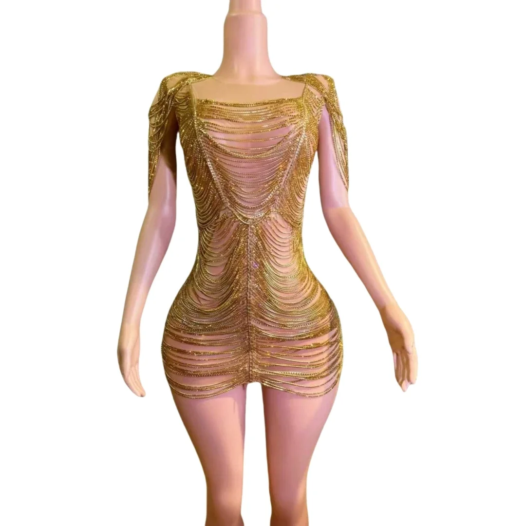 

Gold Shinning Drill Chain Short Dress For Women Club Night Outfit Birthday Party Evening Prom Dressy 2025