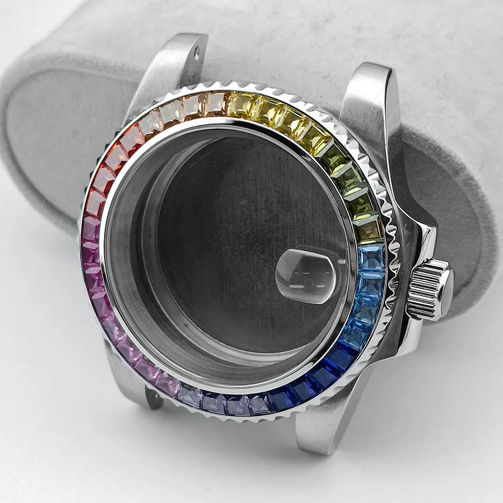 40,5-mm-Uhrengehäuse, luxuriöser, farbiger Edelsteinlünettenrahmen, passend für NH35/NH36-Uhrwerke, Saphirglas, Uhrenbox, Uhrenteile und Zubehör. – Detail 1