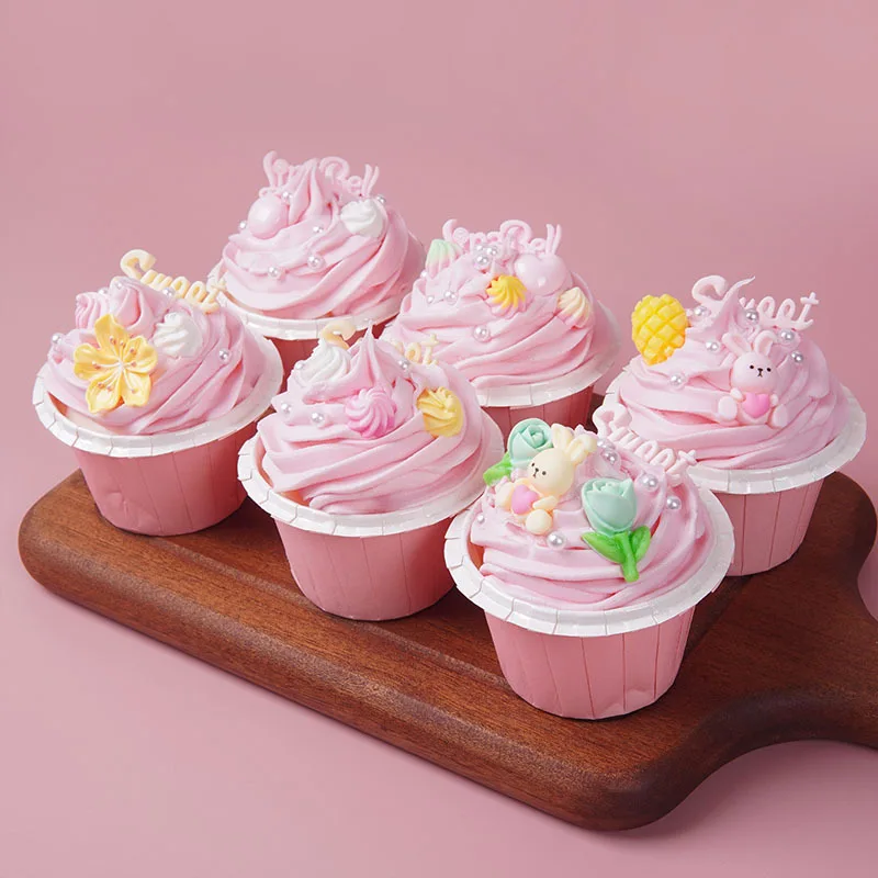 Artificial Mousse Cupcake Soft Dessert Pink Cake Snack Scaledecoration Simulation Food Model Refrigerator Stickers Home Decor