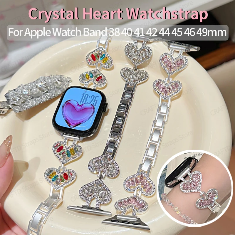 Hollow Heart Crystal Chain Strap for IWatch Ultra 2 49 45 46 42 44mm Sparkly Jewelry Band for Apple Watch Series11 10 9 8 7 6 SE
