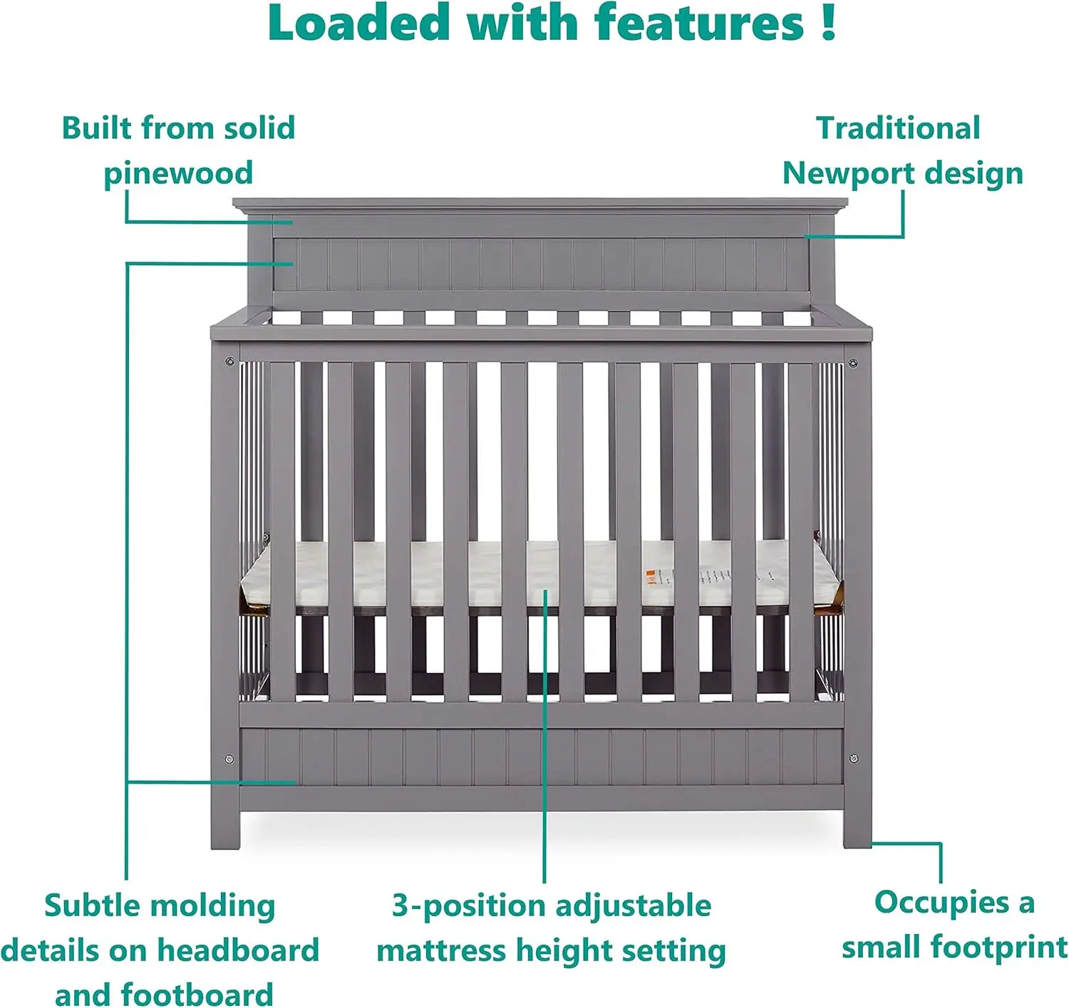 Harbor 4-in-1 Convertible Mini Crib in Storm Grey, Greenguard Gold Certified