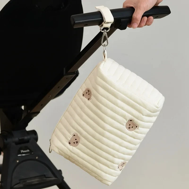 

Cotton Mom Bag Organizer Cute Bear Embroidery Mommy Single Bag Zipper Newborn Baby Diaper Bags Nappy Travel Stroller StorageBag