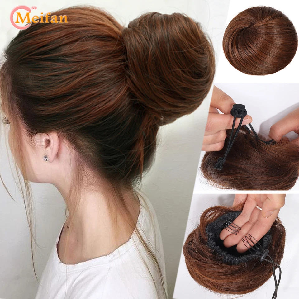 MEIFAN-Pinza de moño sintético, extensión de cola de pelo liso, postizo de bailarina negra, moño de pelo falso Natural