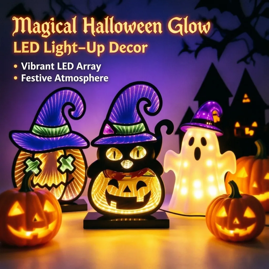 LED Acrylic Halloween Infinity, Mirror Light Pumpkin Ghost Cat, Bat Lamp Illuminated Bedroom Party, Table Decor Ornament