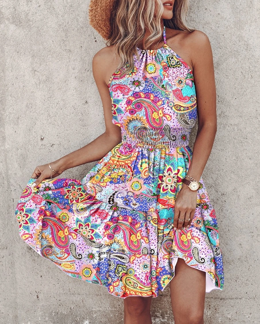 Women's Summer Halter Neck Print Dress - Sexy Sleeveless Fit & Flare Mini Dress with Elastic Waist, Perfect for Beach Holiday &