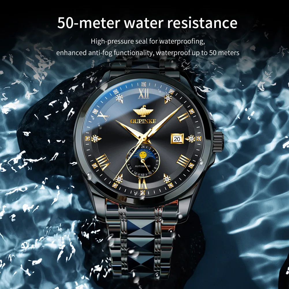 ساعة OUPINKE 3265 للرجال ساعة عمل ميكانيكية أوتوماتيكية أصلية فاخرة ﻿   ساعات مضيئة مقاومة للماء لتاريخ الأسبوع والقمر للرجال