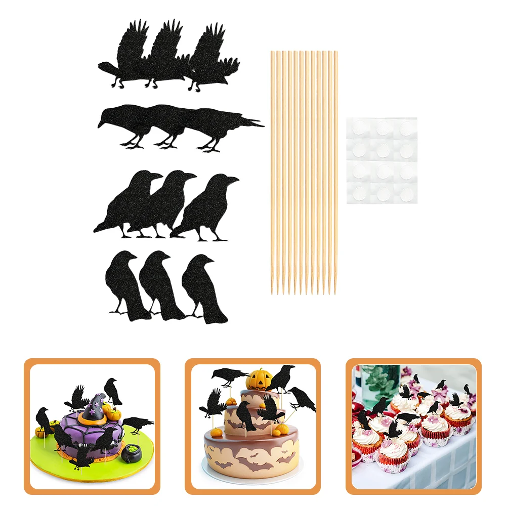 24 Pcs Crow Cake Inserting Card DIY Decor Dessert Topper Halloween Pick Cupcake Toppers Cakes Bats Toothpicks Hat Cards