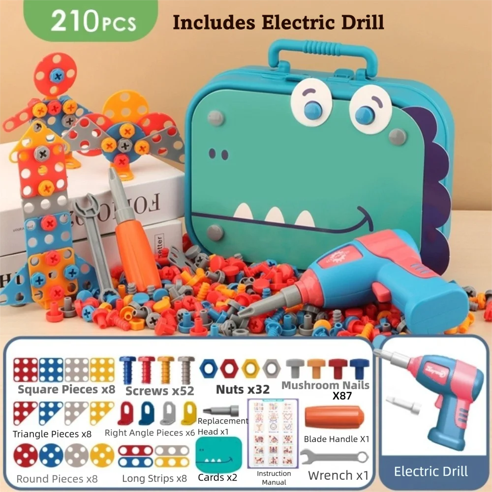 220 pz/211 pz Bambini Blocchi di Costruzione di Plastica Del Fumetto Trapano Elettrico Giocattolo Set Dinosauro Educativo Vite Puzzle Gioco Per Bambini