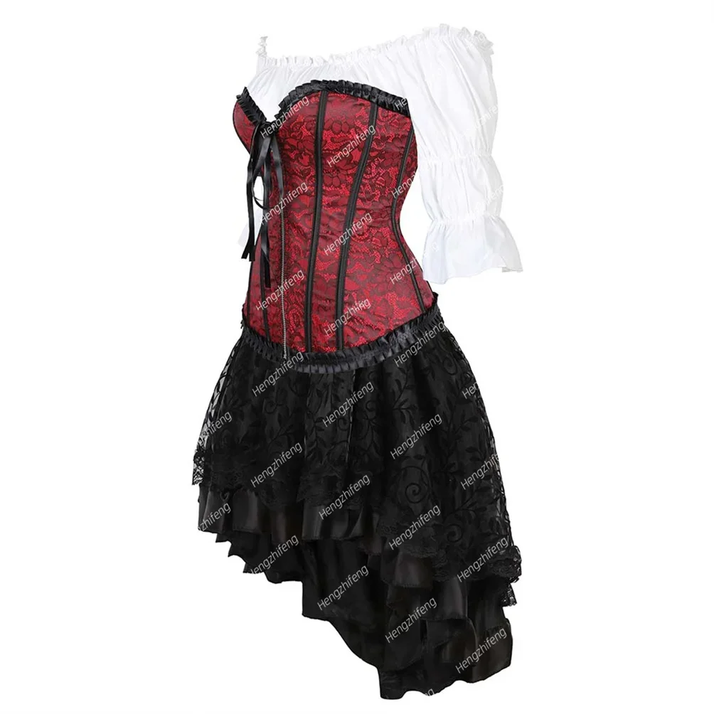 Corset Prom Dress 3 Piece Outfits Gothic Bustier Basque Skirt Set for Women Vintage Victorian Corsets Corsage Costume Plus Size