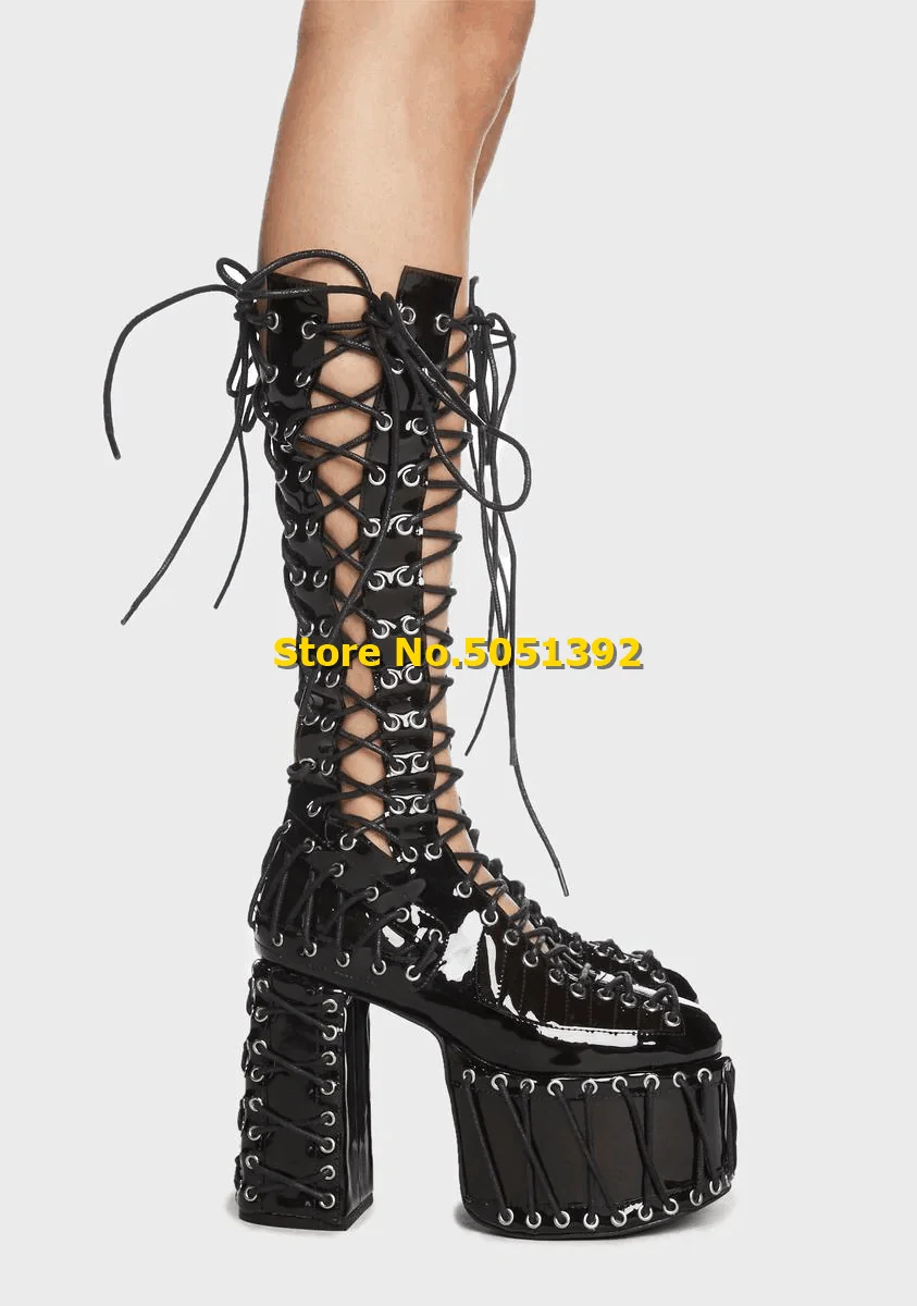 

Black Patent Leather Boots Knee High Block Heel Platform Lace Up Fashion Women Shoes Zipper Chunky Heel Summer Hollow Boots