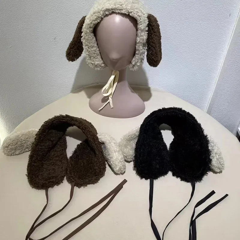 Cute Puppy Ears Plush Earmuffs for Women Autumn and Winter Travel Versatile Leisure Warm Funny Straps Pullover Hats for Men