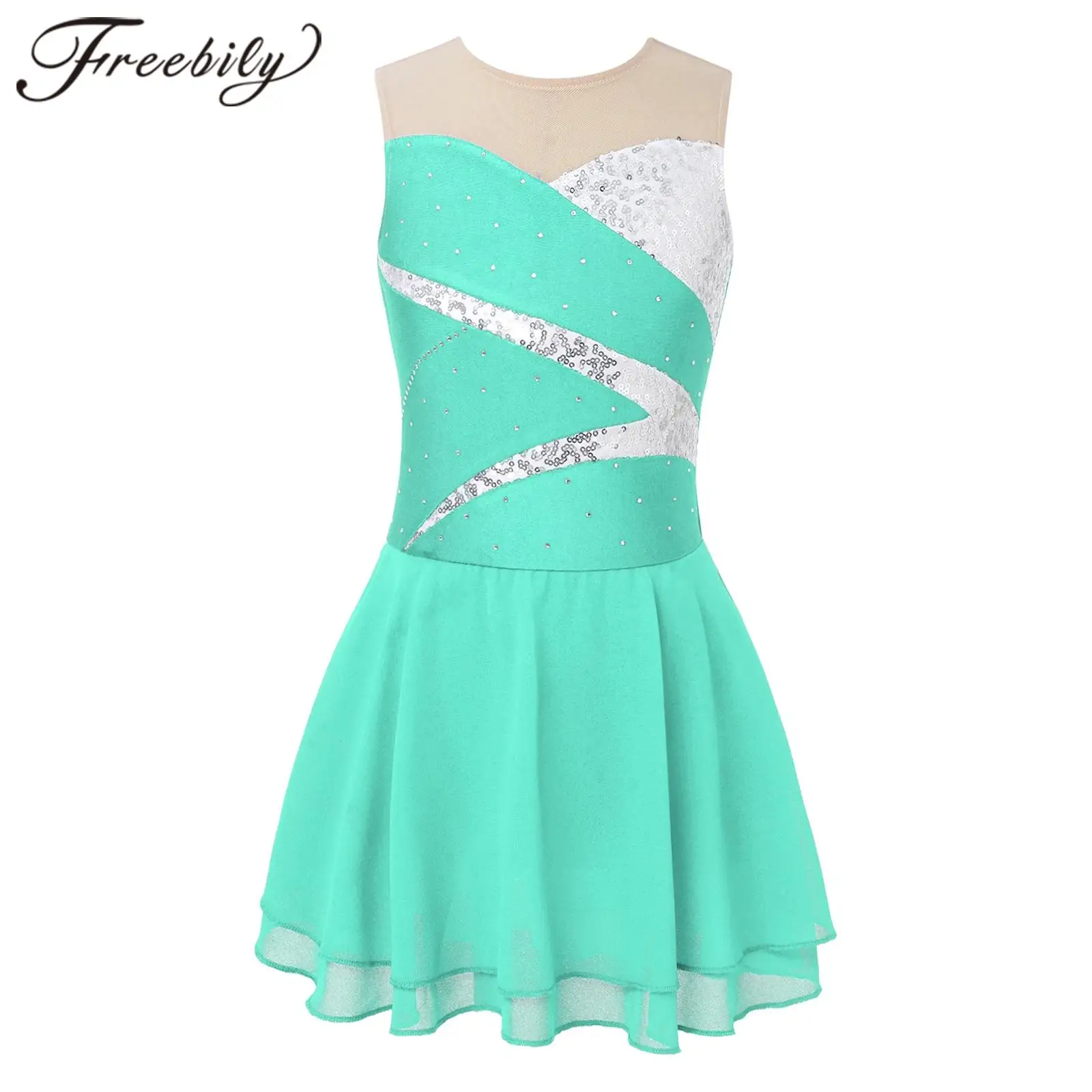 Kids Girls Rhinestone Sleeveless Figure Ice Skating Dress Gymnastics Leotard Children Dancewear Teens Ice Skating Clothes