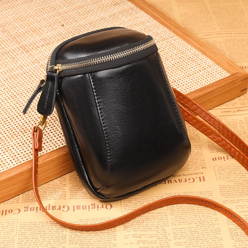 Vintage Oil Wax Cow Leather Shoulder Crossbody Bag for Women High Quality Genuine Leather Mini Ladies Mobile Phone Bag and Purse