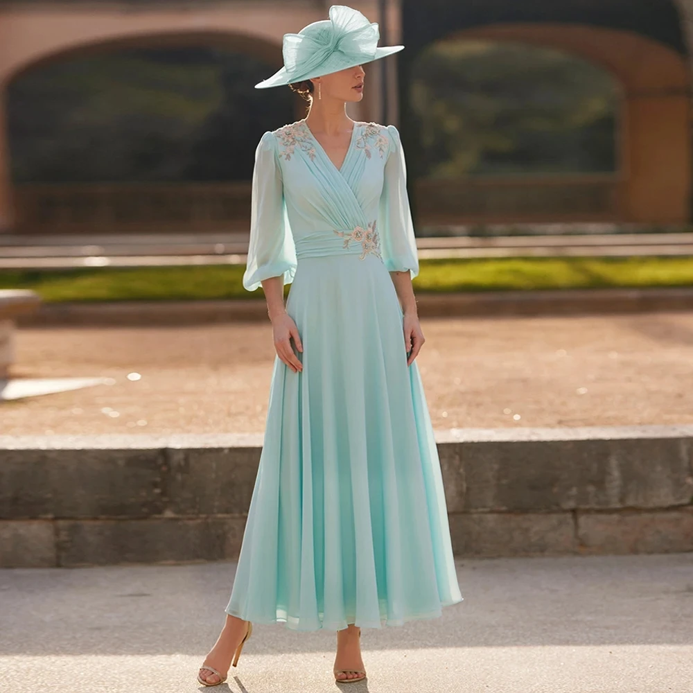 

Elegant Ink Blue Mother Of The Bride Dresses V-neck 3/4 Sleeves Applique Chiffon Ankle Length Wedding Guest Party Gowns