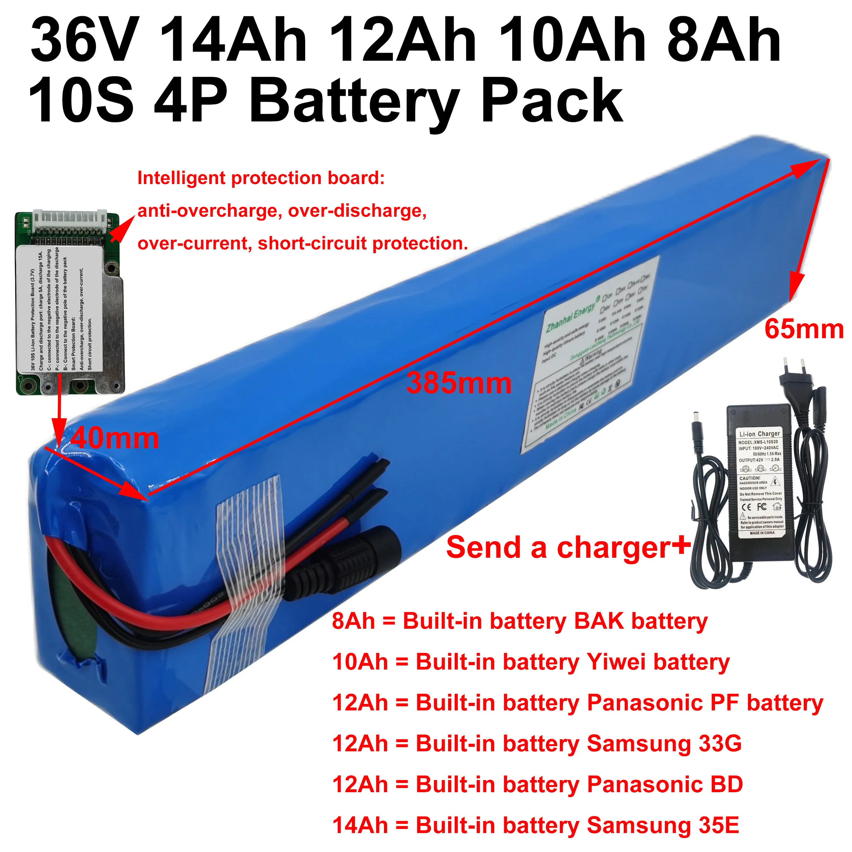 36V 14Ah 12Ah 10Ah 8Ah 18650 Li-ion Rechargeable Battery Pack 10S 4P For Electric Bike Scooter Below 500W Brand New Customizable