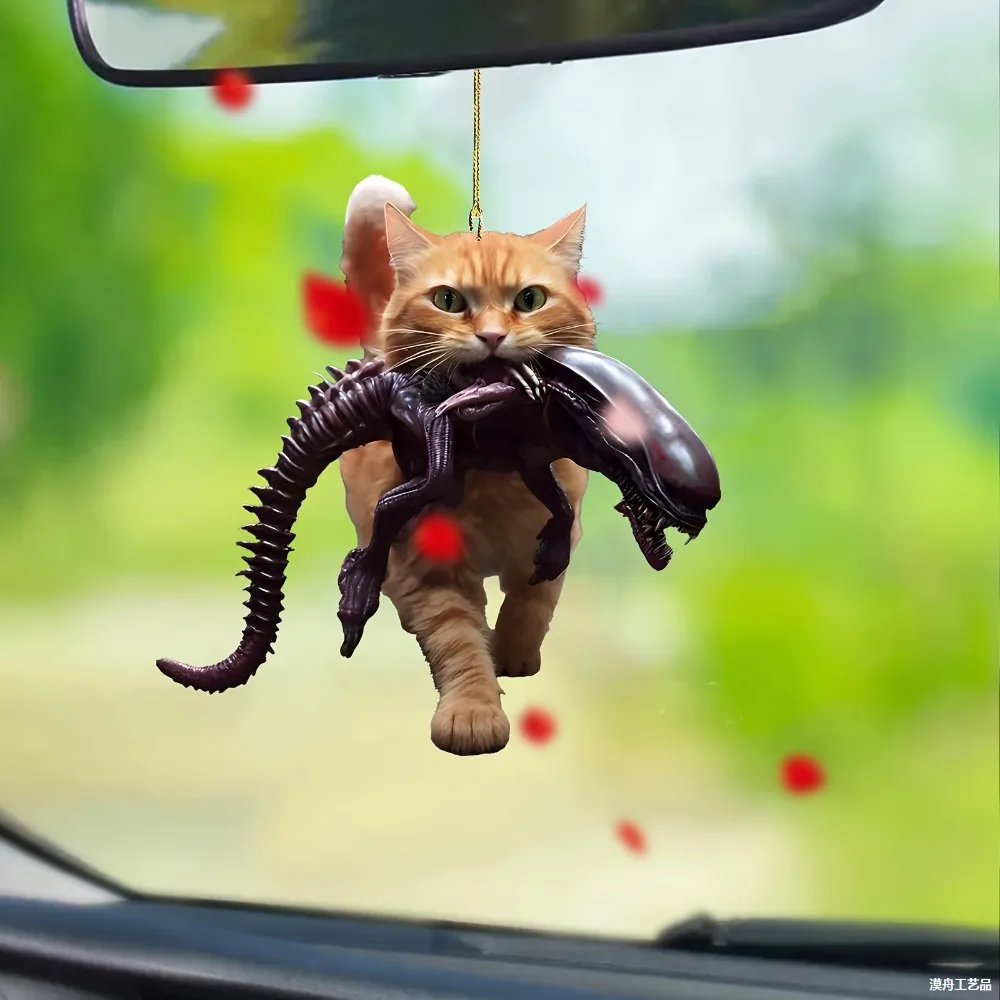 2D Flat Creative Cat Biting Strange Creature Pendant Decoration Car Mirror Hanging Accessories Gift Woman Man Movie Peripheral
