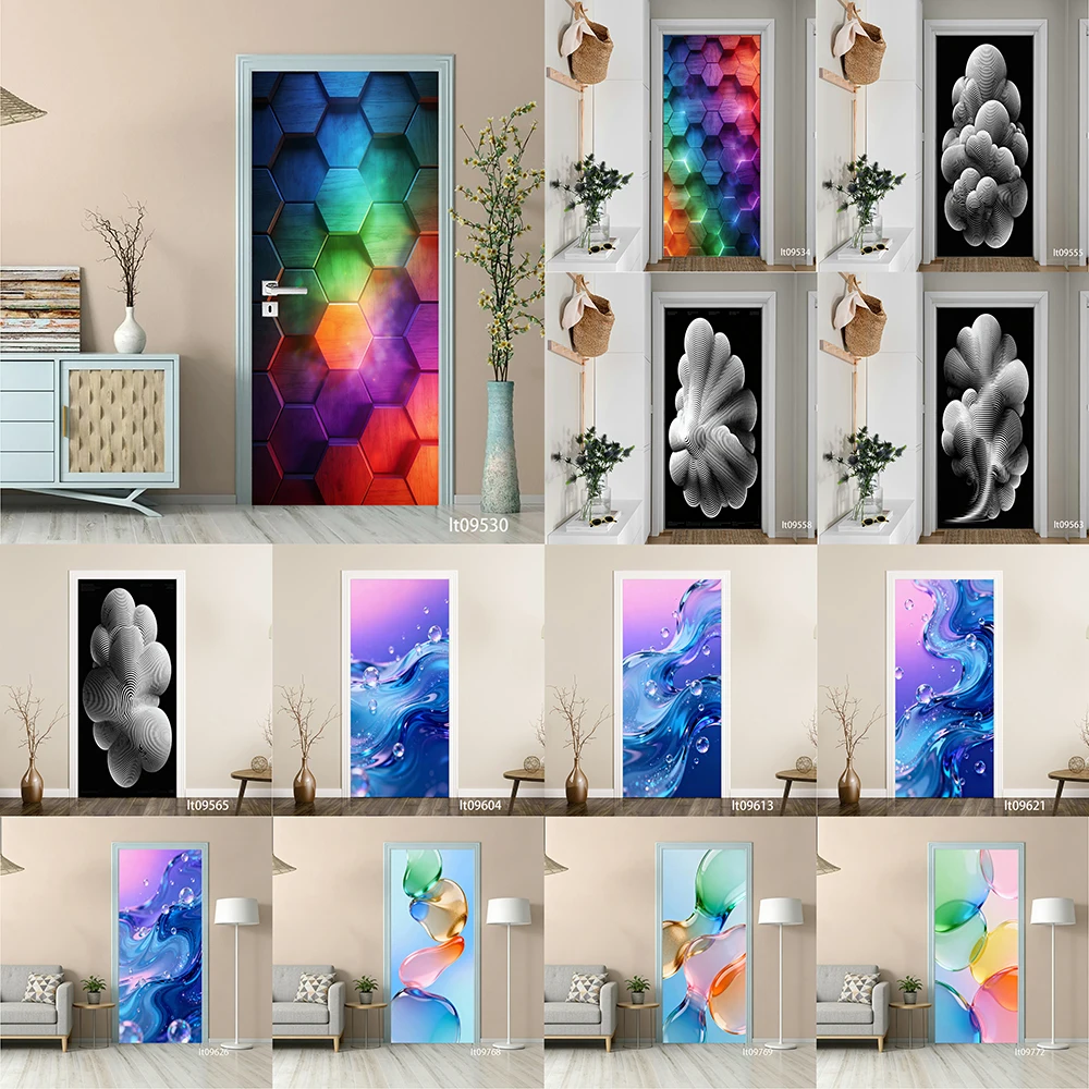 3D Hexagon Door Sticker, Removable Peel and Stick Wallpaper, Rainbow Geometric Art Mural for Modern Home & Living Room Decor