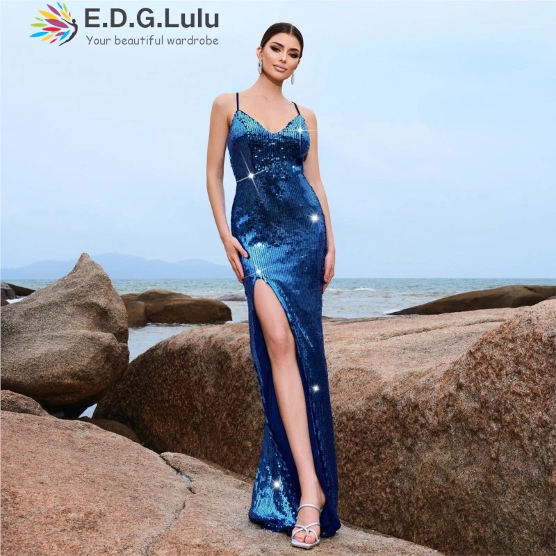 

EDGLuLu Sexy V-Neck Sleeveless Backless Birthday Dresses Luxury Blue Sequin High Slit Party Evening Long Mermaid Dresses 0721