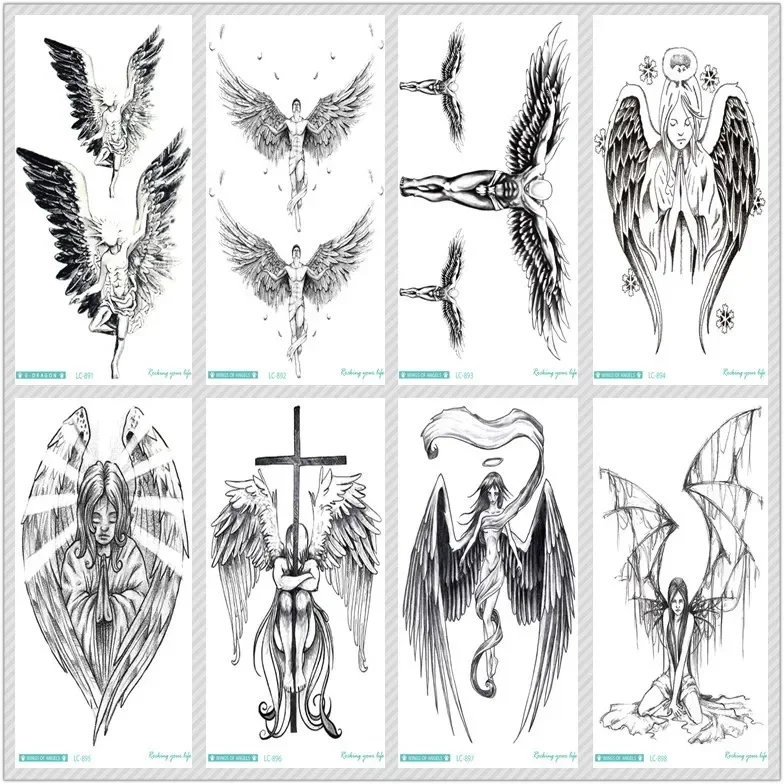 Rocooart Sketch Angel Fake Tattoo Cross Wings Large Taty Men Temporary Tattoo Sticker For Body Art Tatouage Temporaire Female