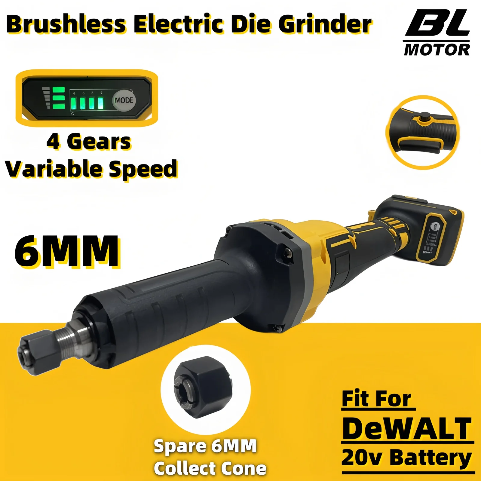 

Brushless Die Grinder 4-Speed Cordless Angle Grinder 6mm Polishing Rotary Electric Engraving Tool Fit For DeWAlt 20V Battery