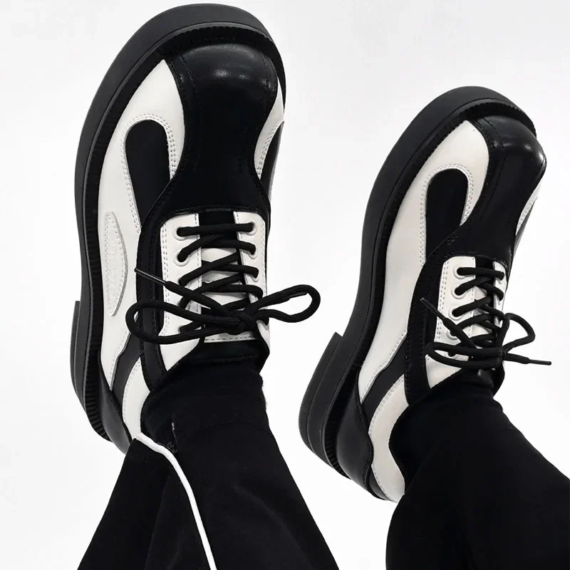 

Мужская кожаная повседневная обувь в стиле ретро с круглым носком на шнуровке, черно-белые мужские туфли дерби на толстой подошве с цветными блоками