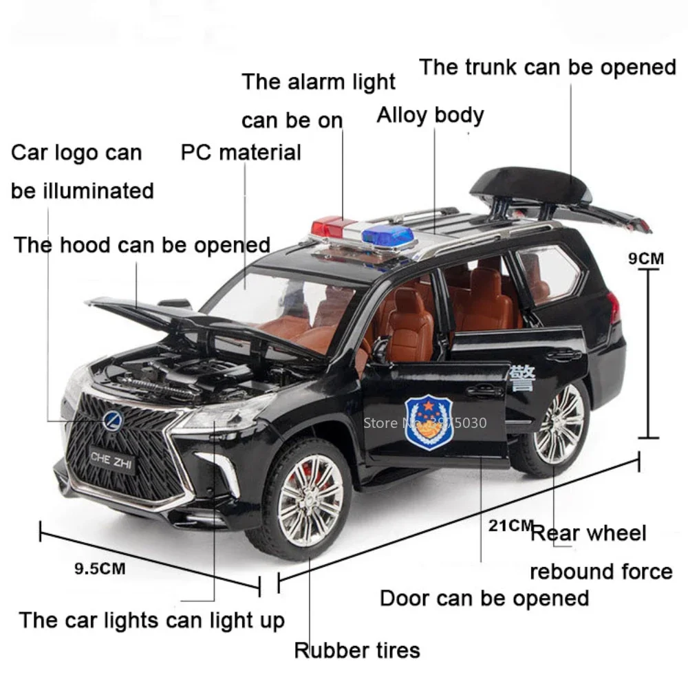 Jouet modèle de voiture de police en alliage pour enfants, véhicule en métal moulé sous pression, son et lumière, côtes arrière, collection de jouets, cadeaux de simulation, LX570, 1:24