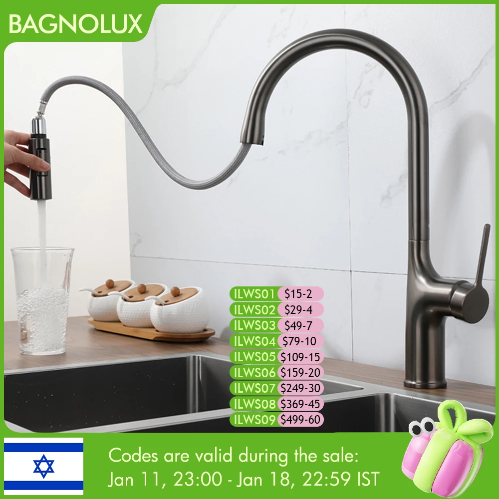 Кухонный кран на бортике, выдвижной смеситель, кран Bagnolux, серый, латунь, две функции, с одной ручкой, кран для горячей и холодной воды