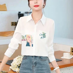 Korean Version Women's 2024 Spring Autumn New Spliced Polo Collar Button Pocket Fashion Loose Casual Print Long Sleeved Shirts