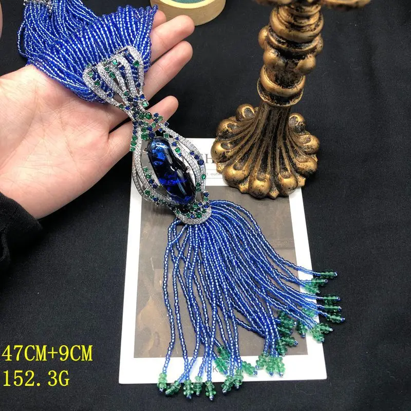 Multi-layered rice beads beaded long pendant necklace brooch inlaid zircon tassel medieval versatile