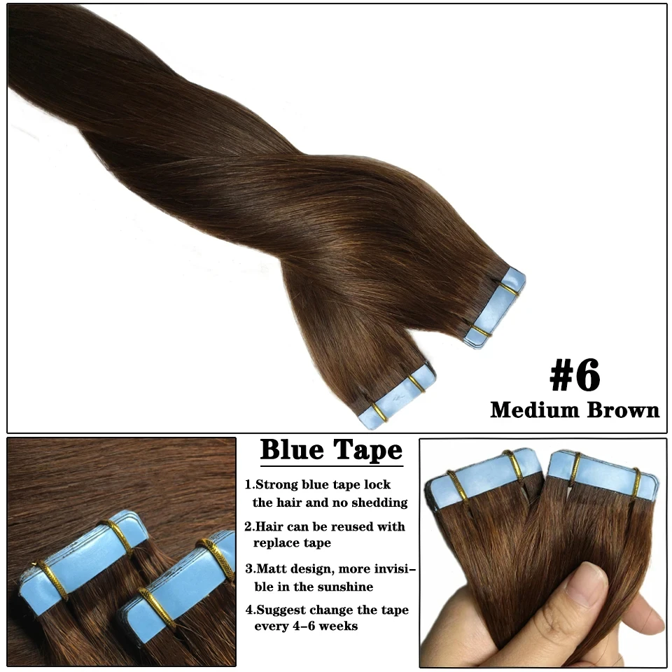 Tape In Brazilian Human Hair Straight Extensions 16-26inches Skin Weft Adhesive Glue 100% Real Remy Human Hair On Salon Quality