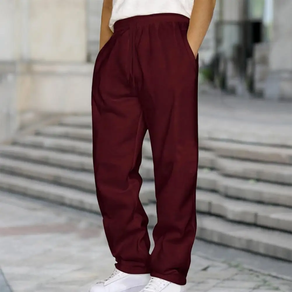Men Fall Sweatpants Street Style Unisex Wide Leg Sweatpants with Side Pockets Elastic Waist Solid Color Sport for Spring