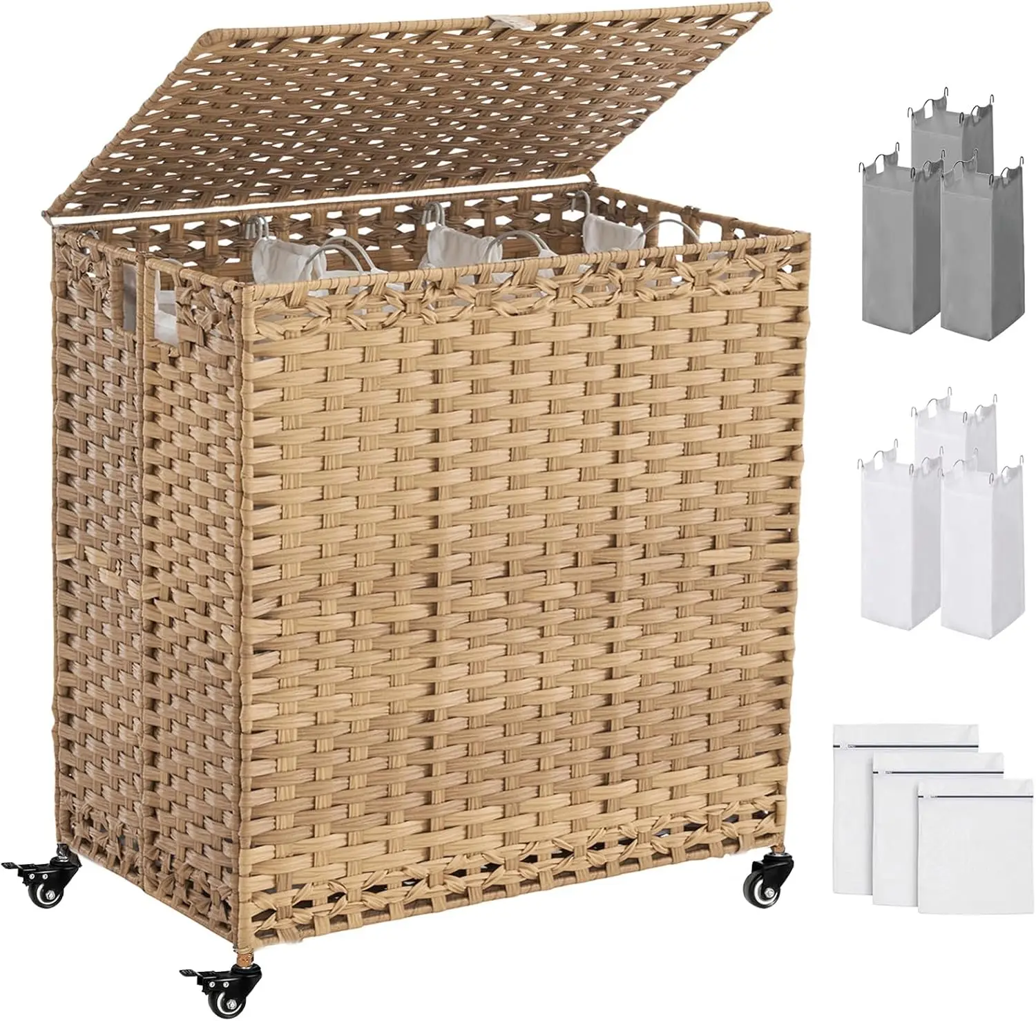 

50.2 Gallon Rolling Laundry Basket with Wheels & Lid, 3-Section Handwoven Rattan Hamper with Removable Liners & Mesh Bags