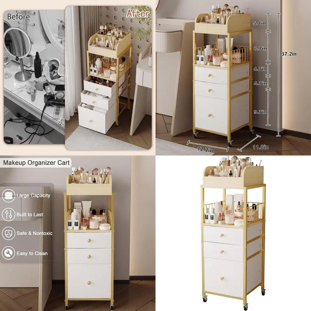 

Gold Makeup Organizer Cart with Drawers, Vanity Cosmetic Display Case Holder for Skincare, Makeup, Perfume, and Hair Tools
