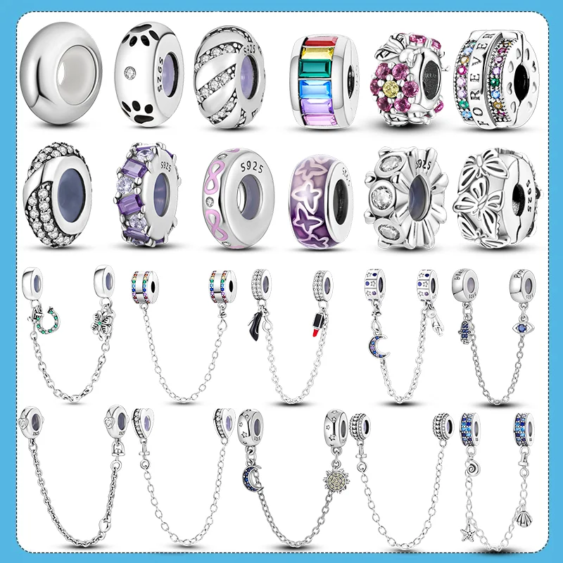 925 Silver Clasp Clip Spacer Stopper Beads Charms & Safety Chain  Clasp Charm Bead Fit Original Bracelet DIY Jewelry