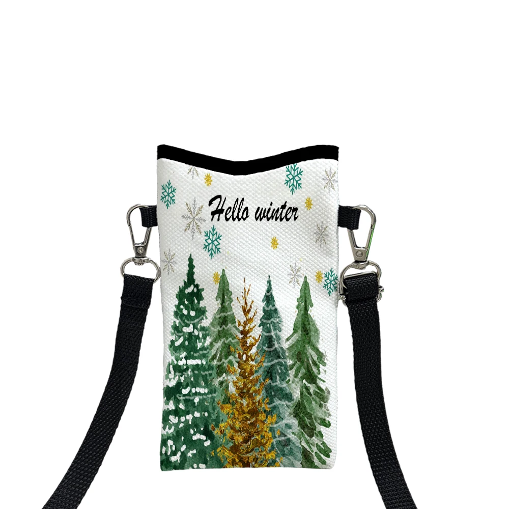 

Green Christmas Theme Phone Pouch with Lanyard, Exquisite Pattern Print CrossbodyBag ShoulderBag Mobile PhoneCase10.7