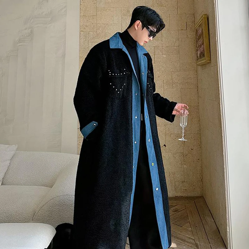 LUZHEN ขนแกะฤดูหนาว Outerwear DENIM Patchwork ขนาดกลางถึงยาว Casual Trench OverCoat Rivet ตกแต่งเสื้อแจ็คเก็ตผู้ชาย LZ7743