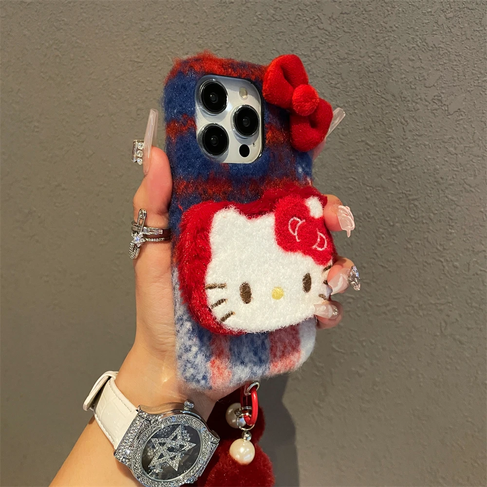 Cartoon Plush Winter Warm 3D Hello Kitty Phone Case For iPhone 16 15 14 13 12 Pro Max Korean Cute Wrist Strap Soft Cases Cover